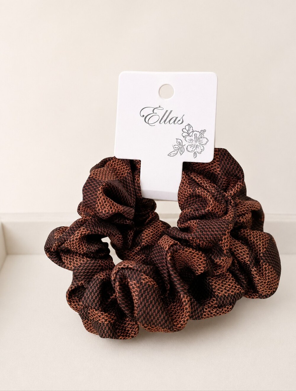 Women's Fashion Houndstooth Scrunchie Set of 2 Hair Accessories Brown Checkered